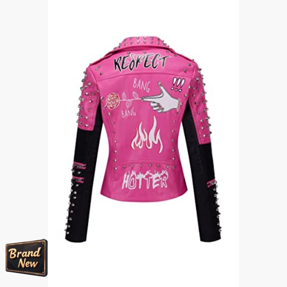 Faux Leather Moto Jacket with Studded Rivets, Belted Hip-Length Streetwear - Picture 3 of 7